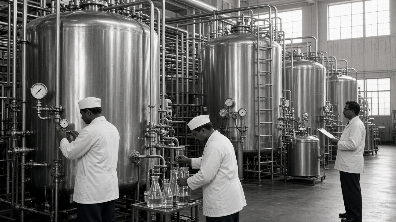 Black-and-white 1950s factory hall with huge stainless steel fermentation tanks, pressure gauges, pipes, and ladders, where Indian technicians in white caps and coats adjust valves and collect samples in glass flasks while a supervisor with a clipboard watches beside tall factory windows