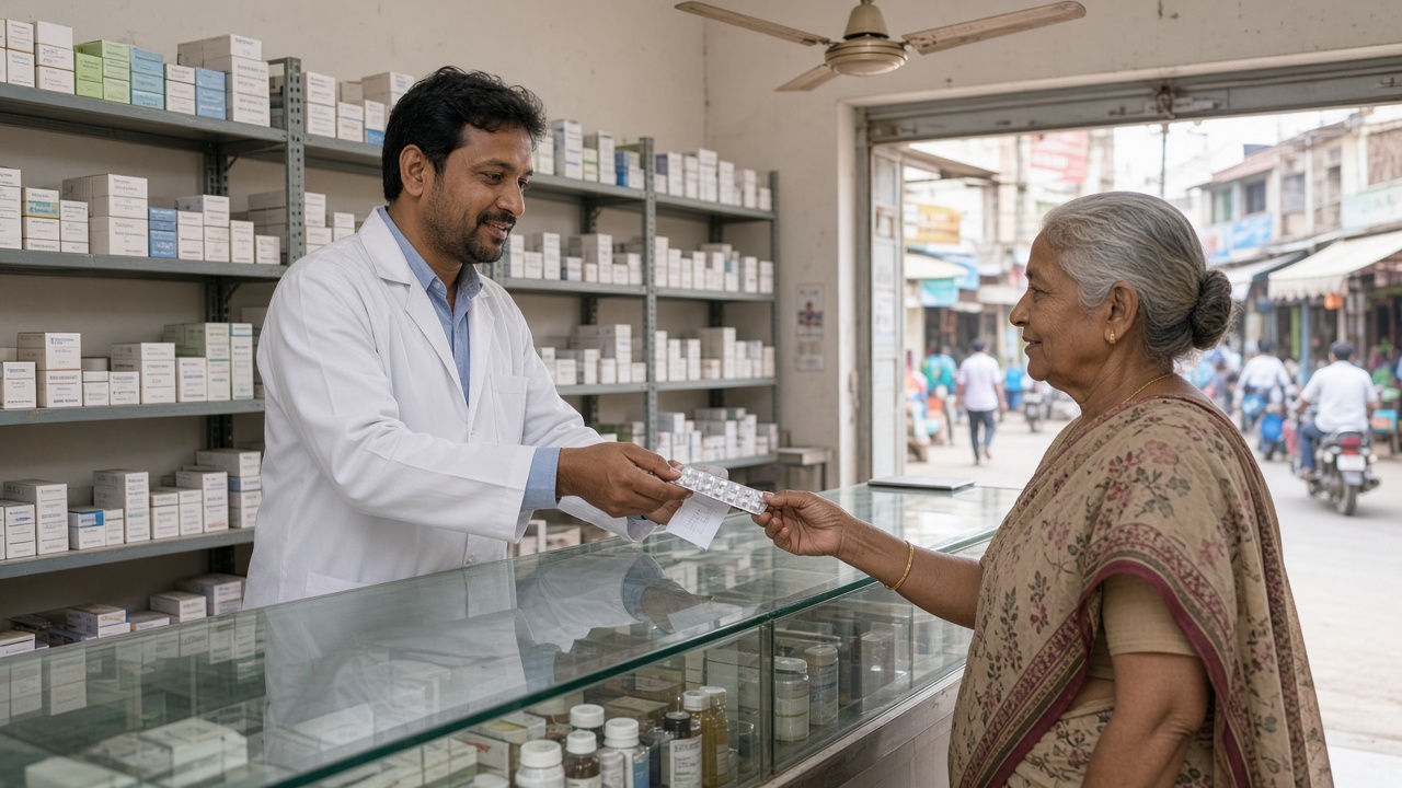Neighbourhood pharmacy in an Indian town where a smiling pharmacist in a white coat hands a blister strip of tablets across a glass counter to an elderly woman in a printed sari, with shelves of medicine boxes behind him and a busy street with scooters visible through the open shutter