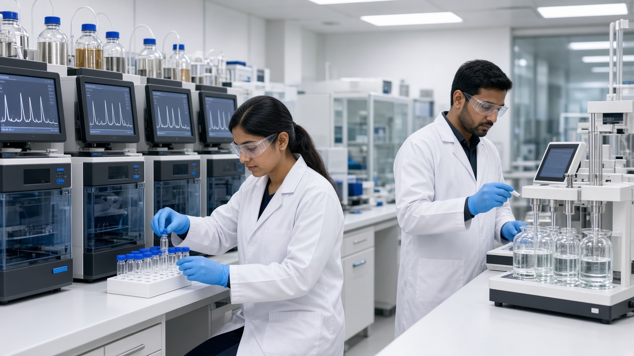 Modern quality control laboratory where a young Indian woman scientist in a white coat, safety glasses, and blue gloves loads small sample vials into a rack beside a row of analysis machines showing peaks on their screens, while a bearded male scientist works at a tablet dissolution tester with glass vessels