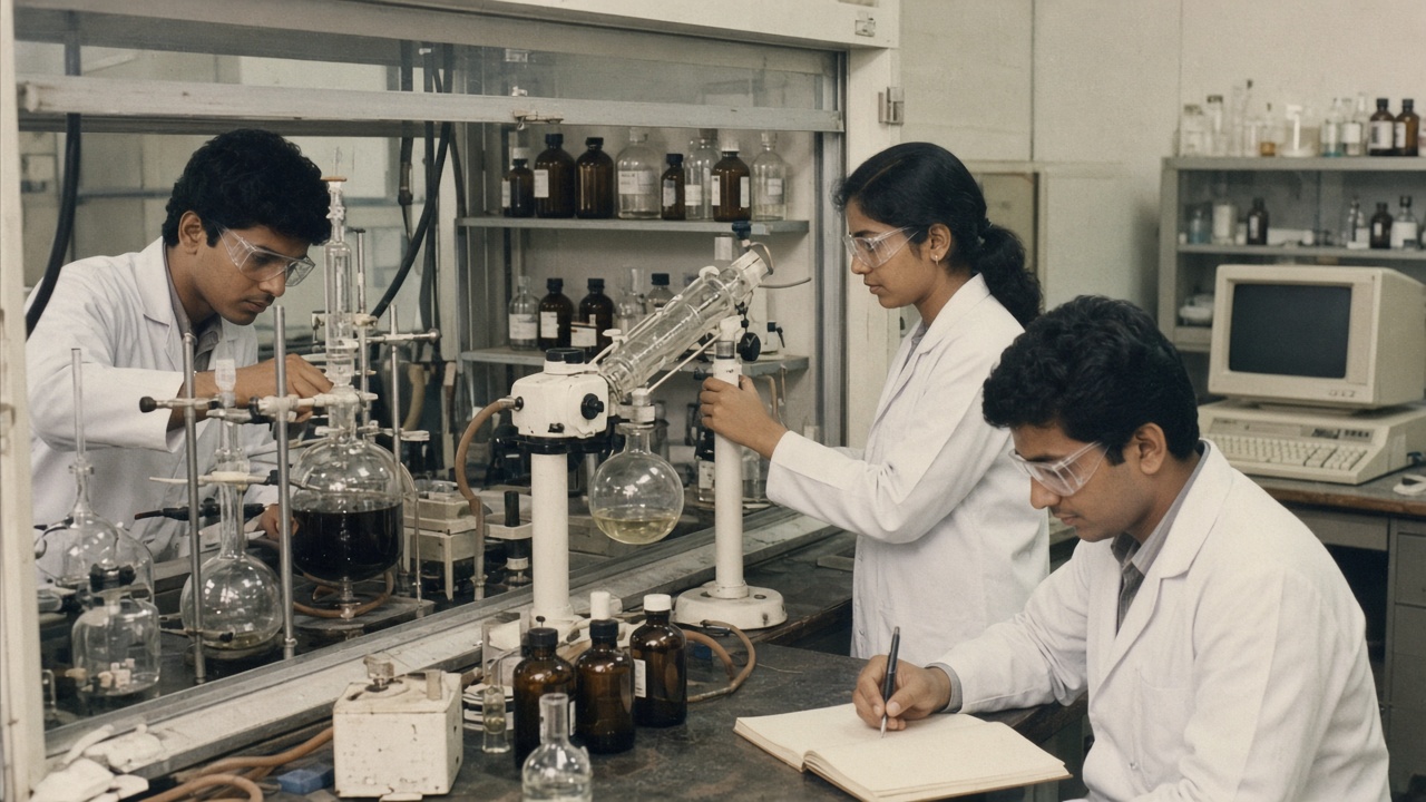 1980s chemistry laboratory in faded colour where young Indian chemists in white coats and safety glasses work with glass reaction flasks and a rotary evaporator in a fume hood, a woman chemist adjusts the apparatus, and a young man writes in a lab notebook beside brown reagent bottles and a beige desktop computer