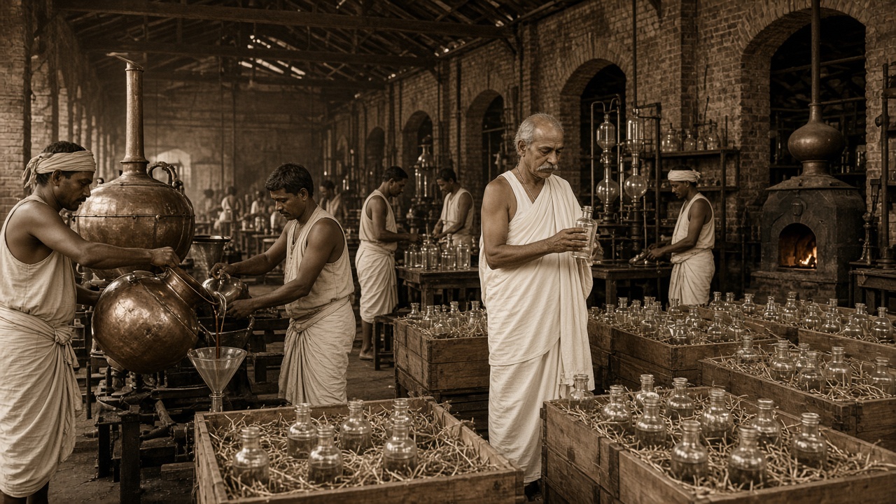 Sepia early 1900s brick factory hall with arched walls where Indian workers in dhotis and turbans pour liquid from large copper vessels through glass funnels, an elderly chemist in a white shawl inspects a glass bottle, a brick furnace glows in the background, and wooden crates packed with straw hold rows of glass medicine bottles