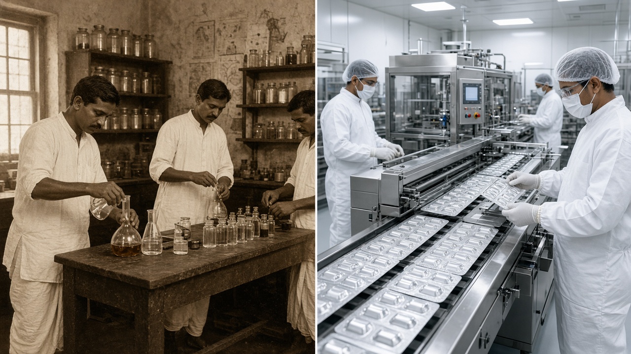 Split image with a sepia early 1900s workshop where Indian chemists in white kurtas and dhotis mix liquids in glass flasks at a wooden table beneath shelves of glass jars on the left, and a modern clean pharmaceutical factory where workers in white coveralls, hairnets, and masks check blister packs of tablets on a stainless steel packing line on the right