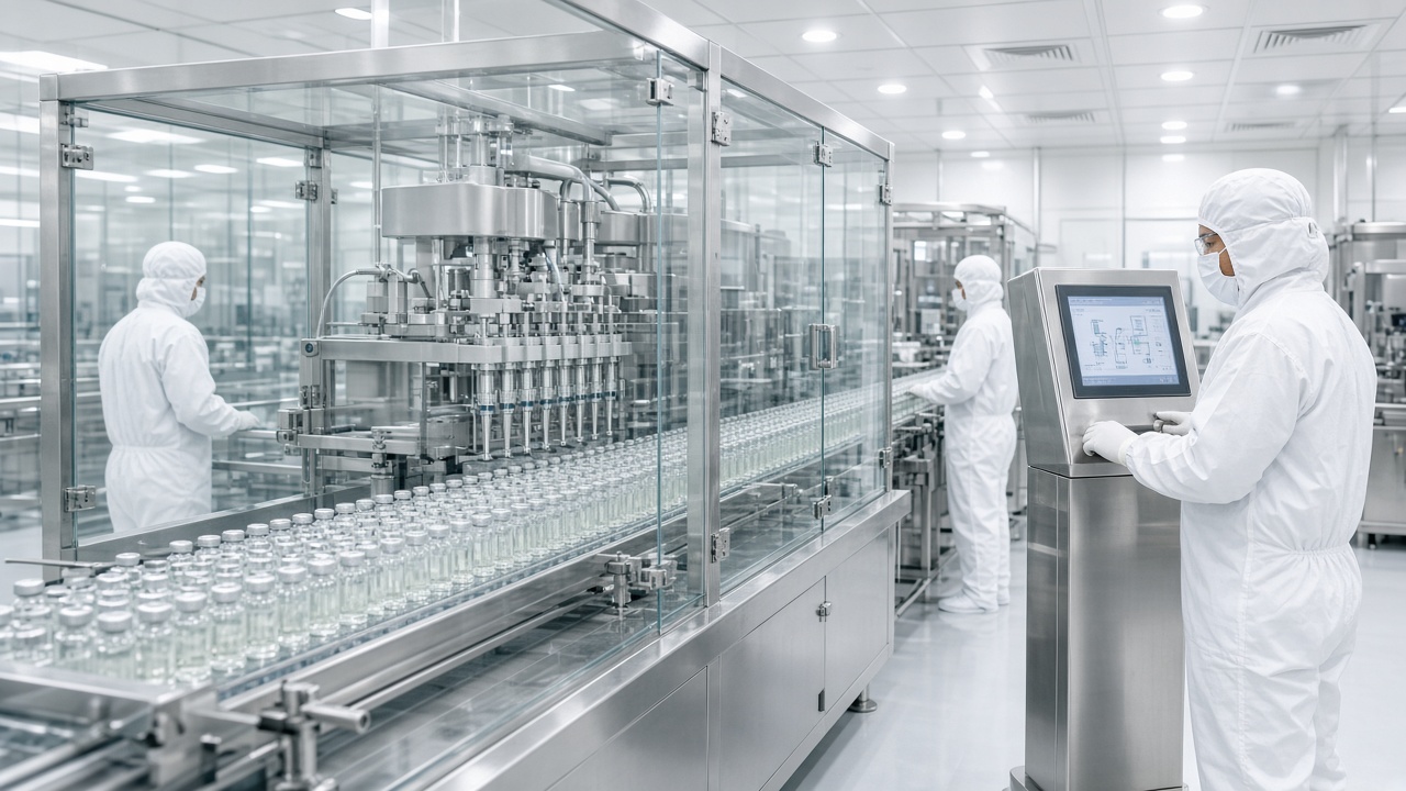 Bright modern clean room where rows of small glass vaccine vials move along an automated filling line inside a glass enclosure, and workers in full white clean-room suits, masks, and goggles operate a touchscreen control panel and watch the machines