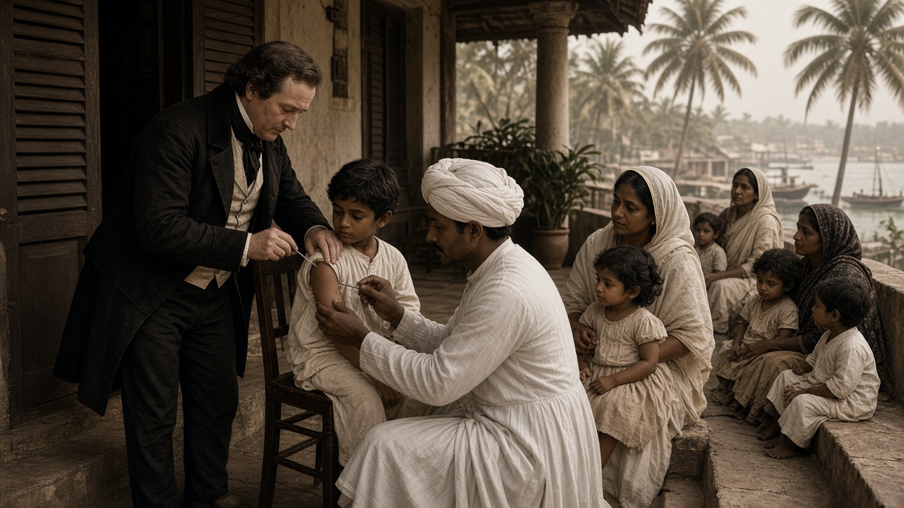 Sepia early 1800s colonial verandah in Bombay where a European surgeon in a dark coat and an Indian assistant in a white turban and angarkha vaccinate a boy’s upper arm, while mothers holding small children wait on the steps, with palm trees and sailing boats in the hazy harbour behind