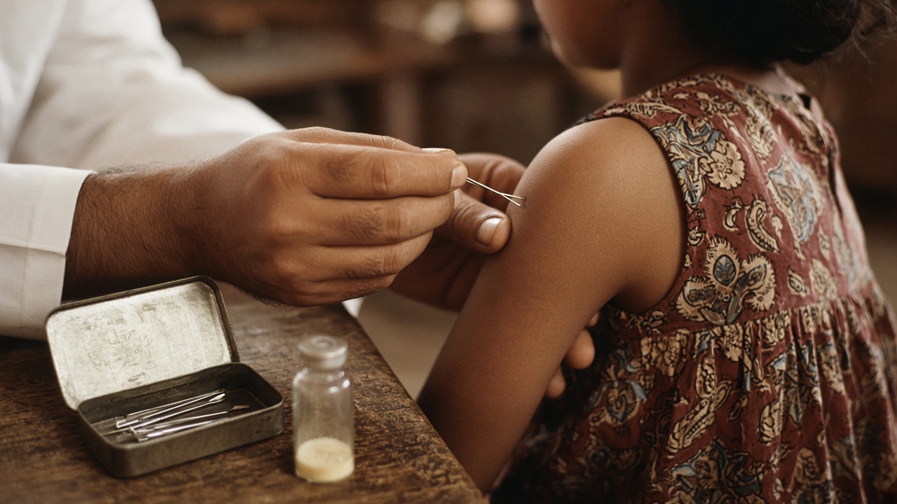 Close-up 1970s photograph of a vaccinator’s hands pressing a small two-pronged steel needle on the upper arm of a young girl in a printed frock, with a small glass vial of vaccine and an open tin box of needles on a wooden table