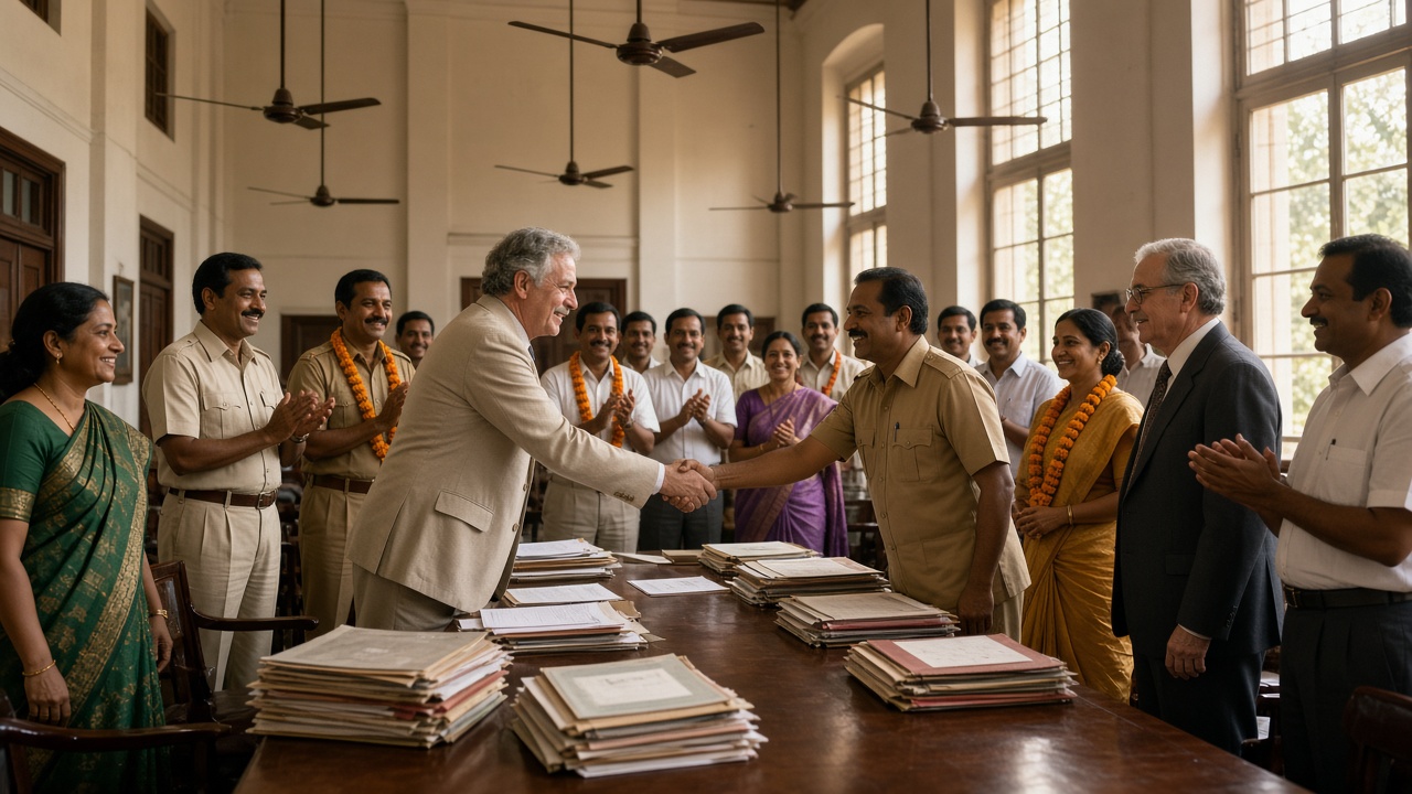 1977 colour photograph in a high-ceilinged government hall with ceiling fans where Indian health officials in safari suits and saris wearing marigold garlands shake hands with international doctors across a long wooden table stacked with files, while health workers applaud in the background