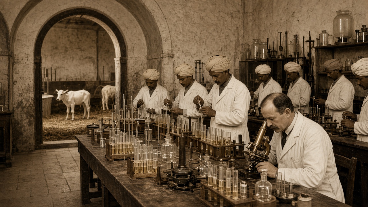 Sepia early 1900s vaccine institute laboratory in a stone building where Indian assistants in white coats and turbans fill rows of glass tubes at a long wooden bench, a European scientist looks through a brass microscope, and through an arched doorway calves stand in a clean straw-lined stall
