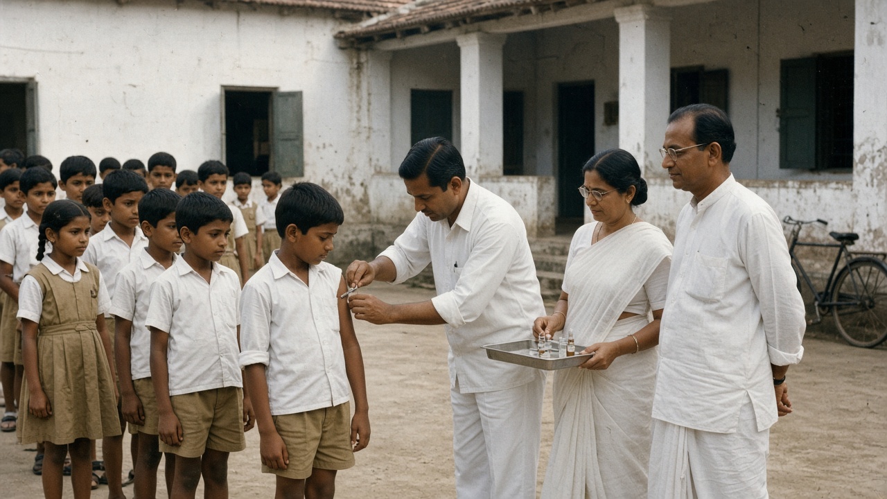 1960s government school courtyard in faded colour where schoolchildren in white shirts and khaki shorts or pinafores wait in a line while a vaccinator in white vaccinates a boy’s upper arm, a health worker in a white sari holds a steel tray of vaccine ampoules, and a teacher in white watches beside a whitewashed school with a bicycle
