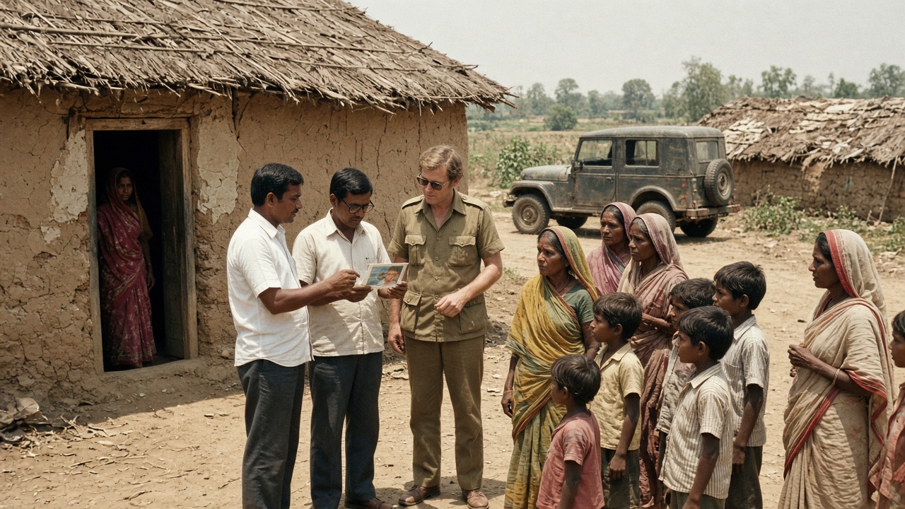 1974 village scene in faded colour where two Indian health workers and a foreign doctor in a khaki bush shirt show a small picture card to villagers, women in saris, and children outside a mud-walled house with a thatched roof, with an old jeep parked nearby and a woman watching from a doorway