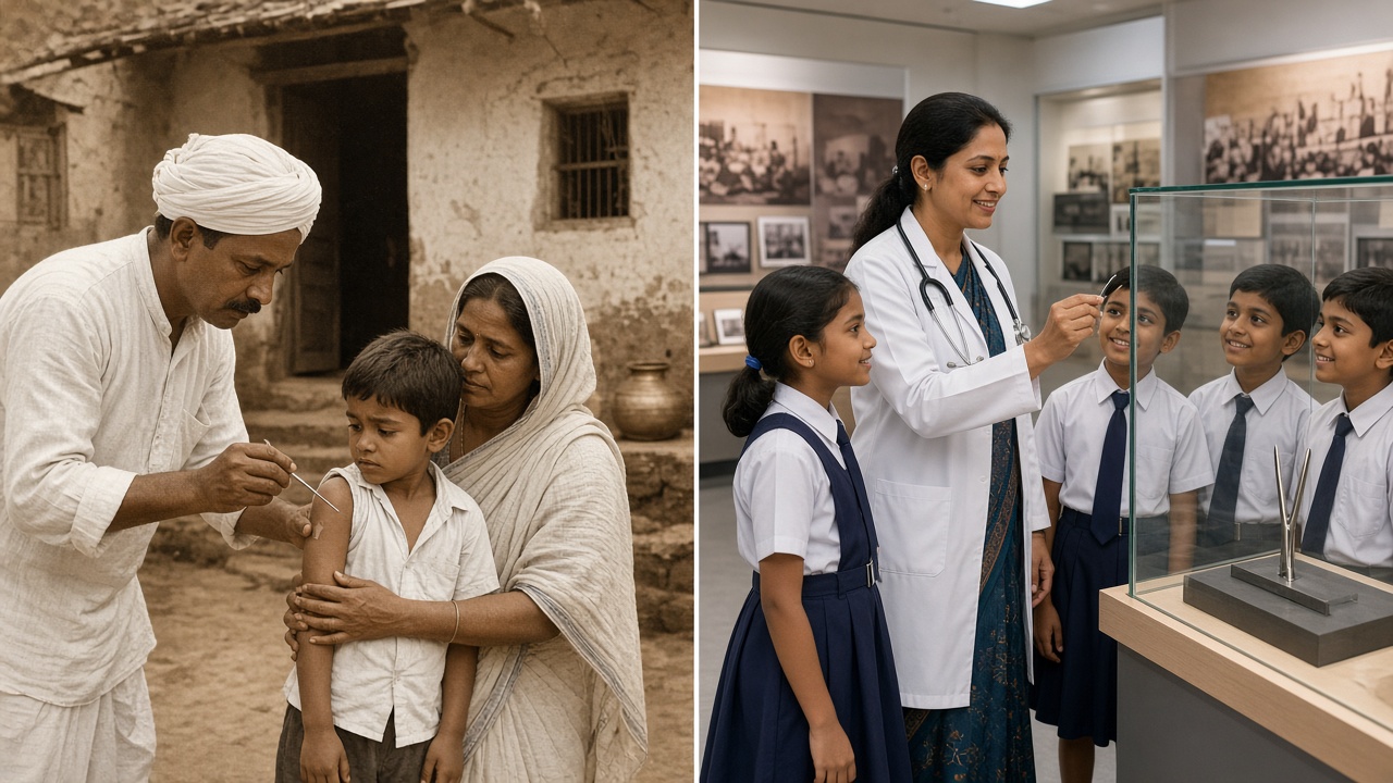 Split image with a sepia early 1900s village vaccinator in a white turban scratching a boy’s upper arm with a lancet while his mother holds him on the left, and a woman doctor in a white coat showing smiling schoolchildren a vintage two-pronged vaccination needle in a museum display case on the right