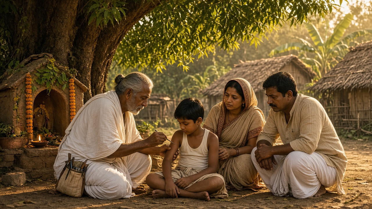 Village scene in warm evening light where an elderly inoculator in a white dhoti with a cloth bag of tools makes a tiny scratch on a seated boy’s upper arm while his parents watch anxiously, beside a small roadside shrine under a large tree decorated with marigold garlands and an oil lamp, with thatched huts and banana plants behind