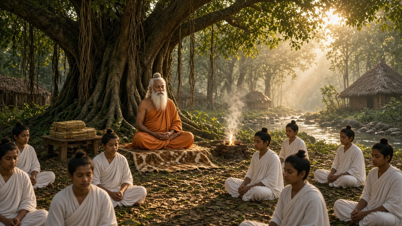 Elderly sage with a long white beard in a saffron robe meditating cross-legged on a mat under a huge banyan tree at sunrise, surrounded by students in white cloth sitting in meditation, with palm-leaf manuscripts on a wooden stand, a small smoking fire altar, thatched huts, and a stream in the background