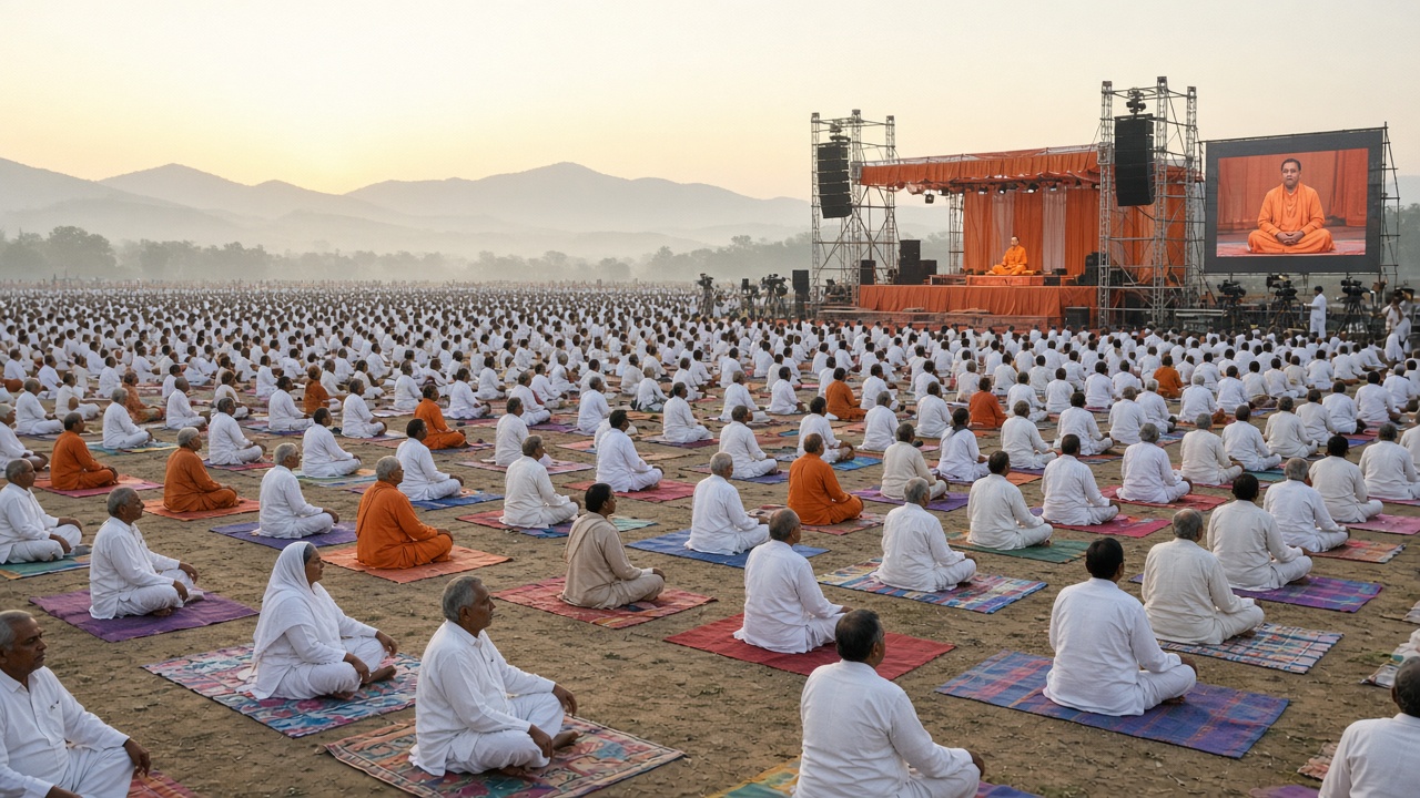 Huge open-air morning yoga camp with thousands of people in white and saffron clothes sitting in rows on colourful mats with eyes closed, a saffron-draped stage with a teacher, tall scaffolding with loudspeakers and a large video screen, TV cameras on tripods, and misty hills behind