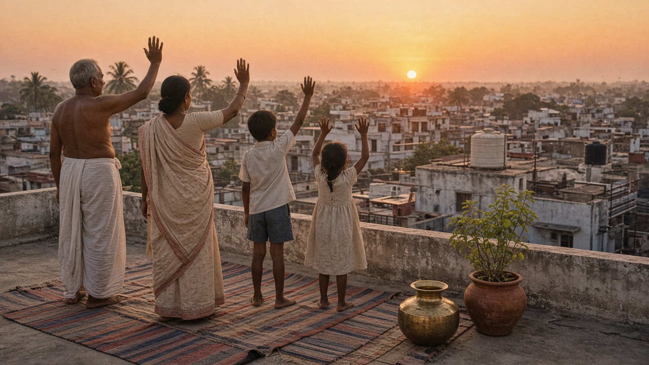 Indian family on a town house terrace at sunrise with a grandfather in a white dhoti, a mother in a cotton sari, and two children standing on striped cotton durries with arms raised towards the rising sun, beside a brass pot and a tulsi plant in a clay pot, with rooftops and water tanks stretching to the horizon