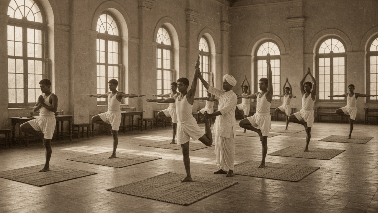Sepia 1930s yoga school hall with tall arched windows and a tiled floor where rows of young men in white vests and shorts balance on one leg with arms stretched out on woven mats, while a teacher in a white kurta, dhoti, and turban guides a student’s raised arm