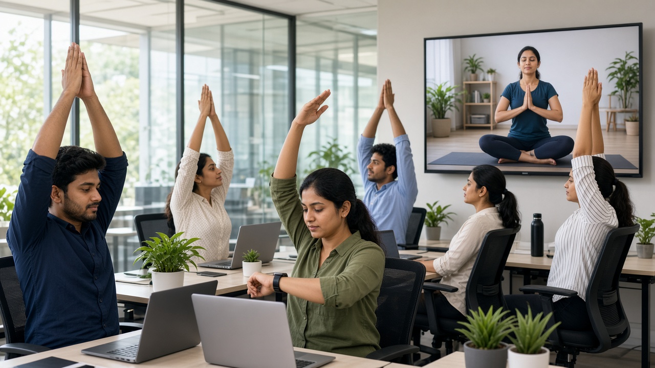 Modern office where young Indian employees sit on office chairs beside their desks with arms raised overhead in a seated stretch, following a yoga teacher on a large wall screen, while one woman checks her smartwatch, with laptops and potted plants on the desks and glass walls letting in daylight