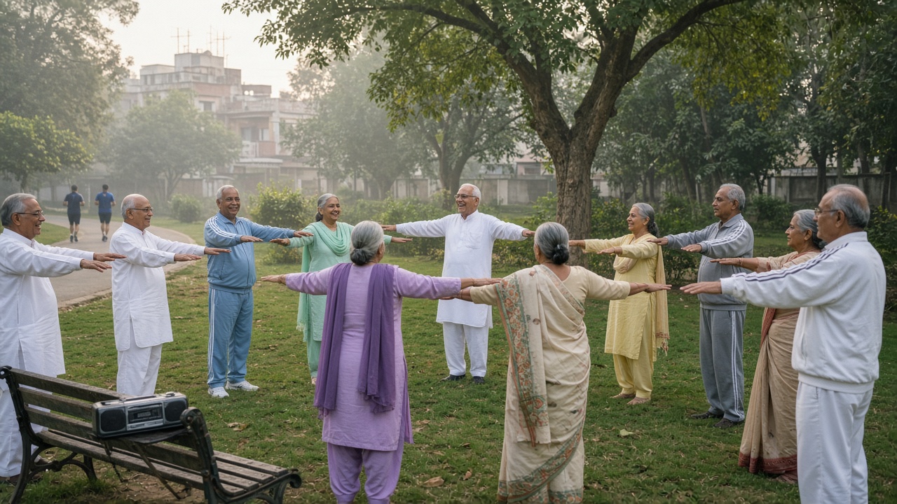 Misty morning in a neighbourhood park where senior citizens in white kurta-pyjamas, track suits, salwar suits, and saris stand in a circle with arms stretched out doing a breathing exercise and laughing together, with a portable cassette player on a bench, joggers on the path, and TV antennas on nearby houses