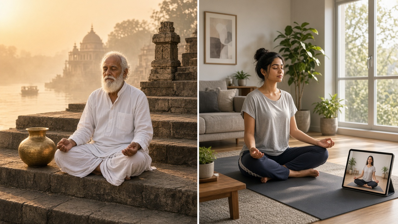 Split image with an elderly man in a white kurta and dhoti meditating cross-legged on the stone steps of a misty river ghat beside a brass pot on the left, and a young woman meditating on a yoga mat in a modern apartment while following a teacher on a tablet on the right