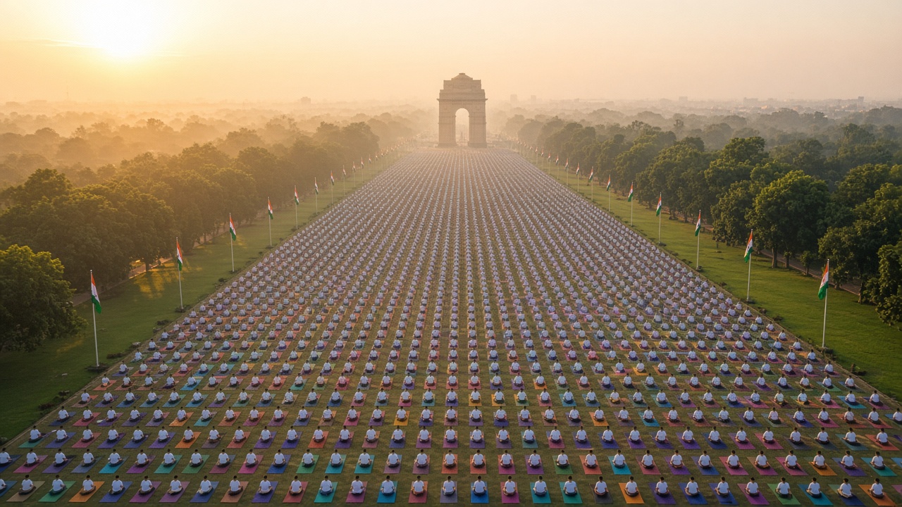 Aerial sunrise view of a wide tree-lined ceremonial boulevard in New Delhi filled with tens of thousands of people in white t-shirts sitting in neat rows on colourful yoga mats, with Indian tricolour flags on poles along the lawns and a sandstone memorial arch in the misty distance