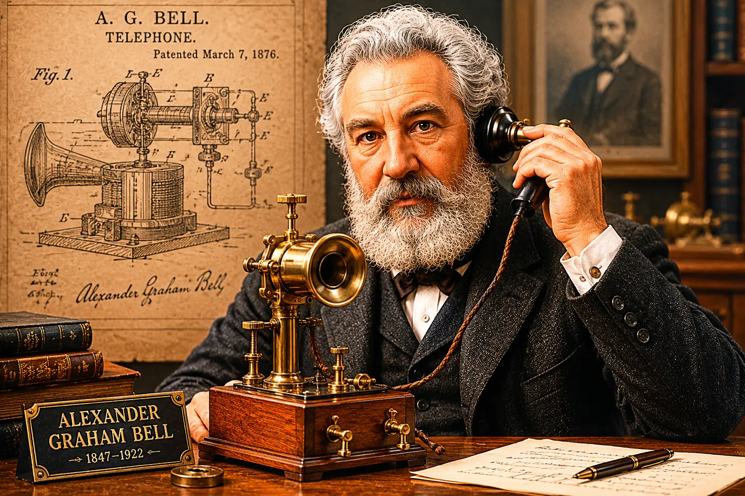 Portrait of Alexander Graham Bell, inventor of the first practical telephone