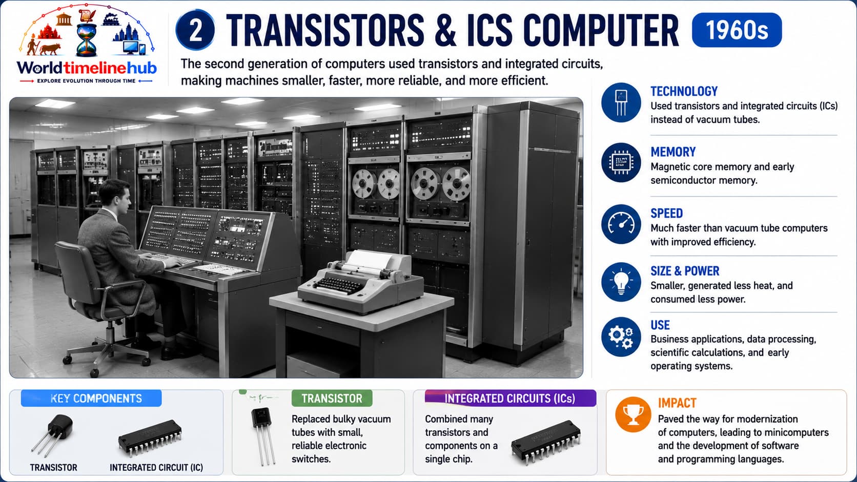 Integrated circuit chips and transistor-era computer hardware