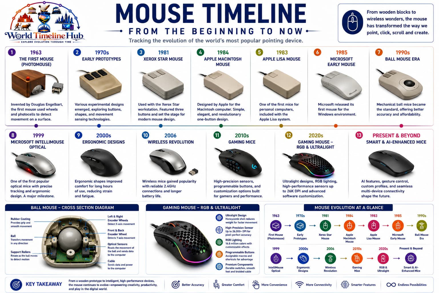 Mouse evolution timeline from trackballs and ball mice to optical and wireless pointing devices