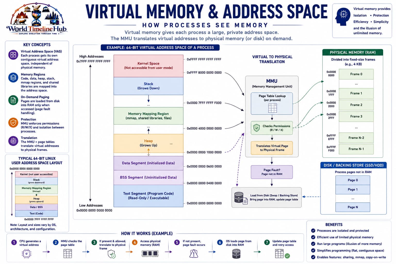Virtual memory diagram showing paging, address spaces, and how the kernel maps RAM for processes