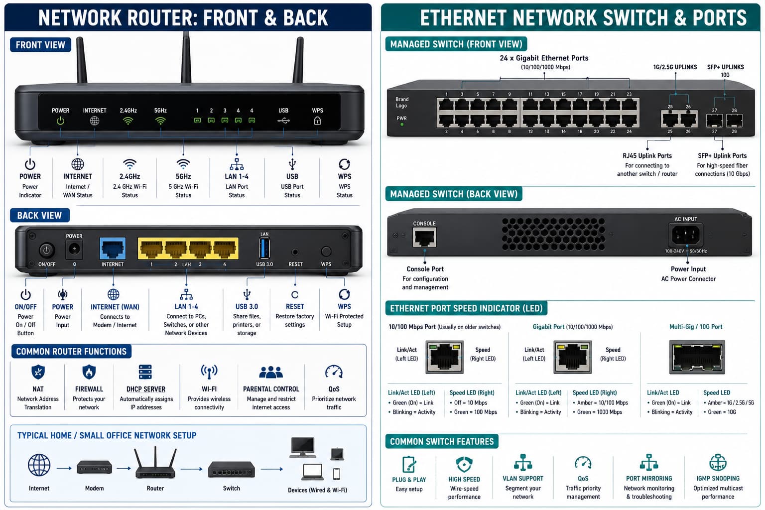 Router and Ethernet switch hardware for home and office networks