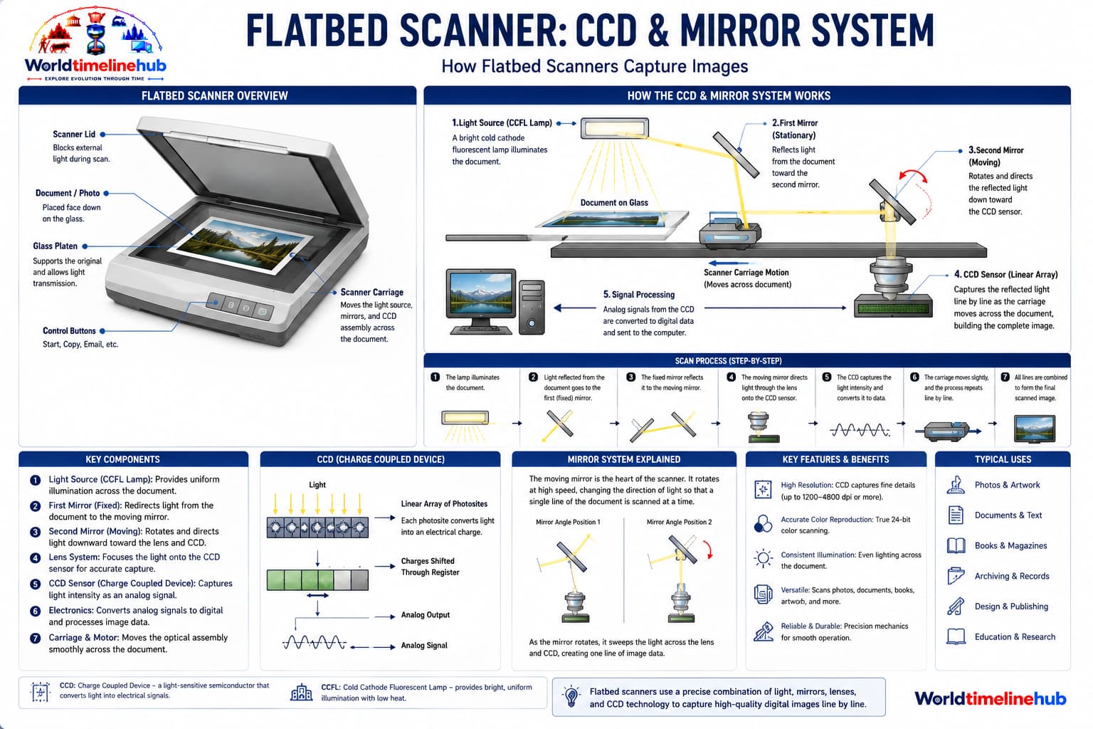 Flatbed CCD office scanner with glass platen for desktop document and photo digitization