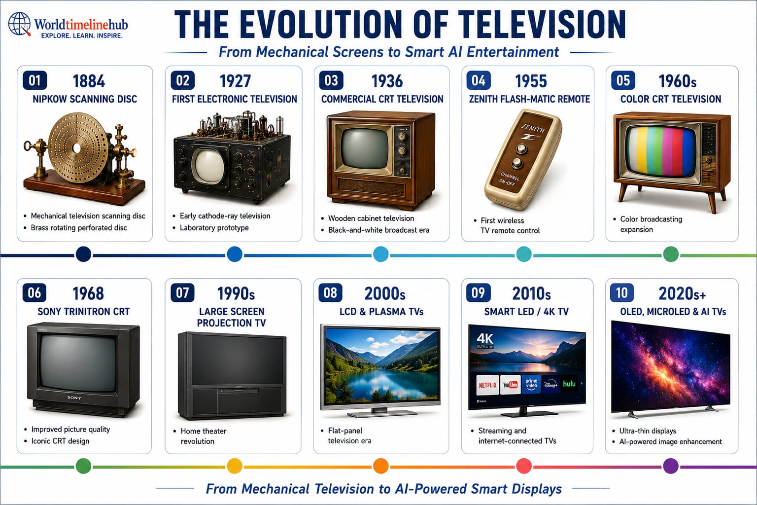 Television evolution timeline from mechanical scanning and CRT sets to flat panels, smart TV, and streaming