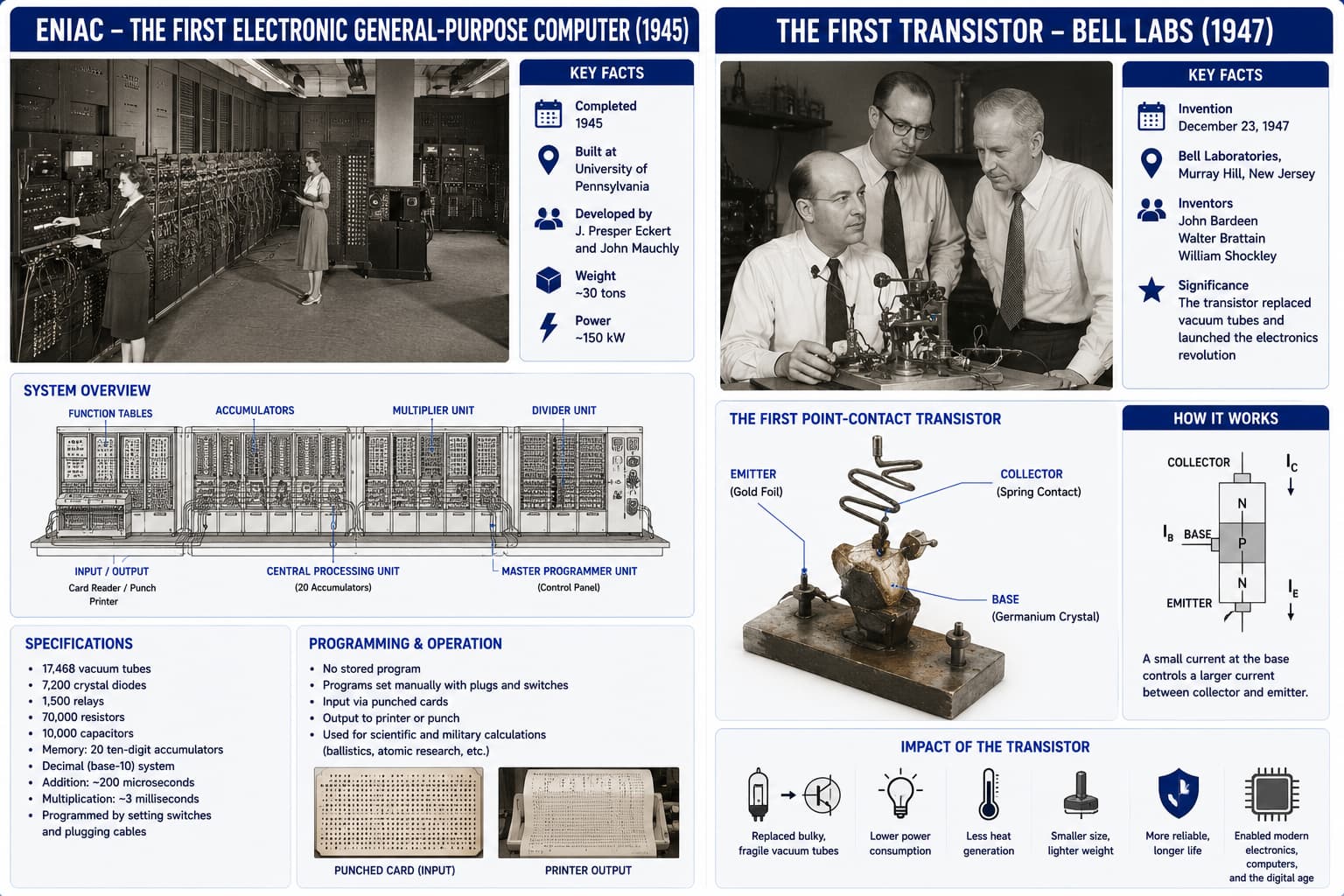 Vacuum tubes in early electronic computers and the transistor that replaced them in solid-state machines