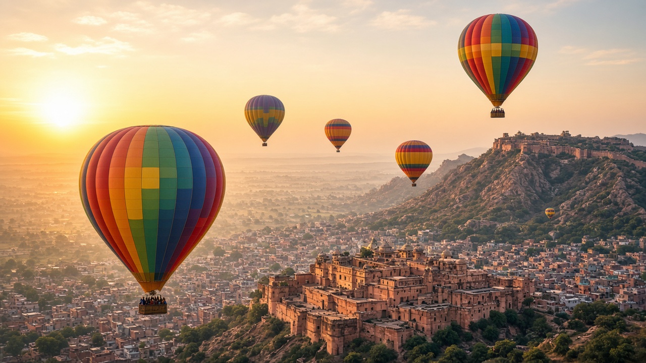 Colorful hot air balloons floating over an Indian landscape at sunrise