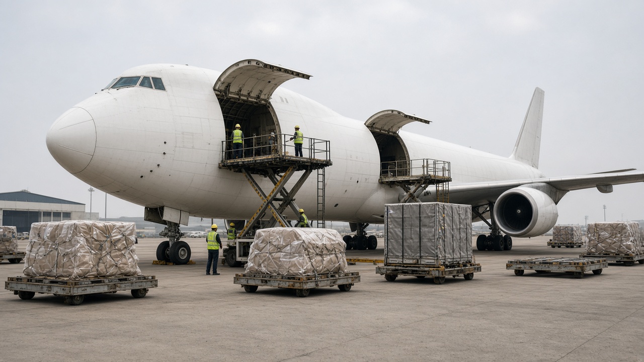 Cargo freighter aircraft being loaded with pallets at an Indian cargo airport