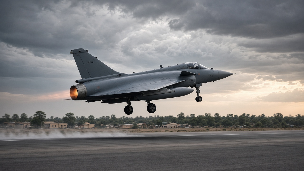 Indian Air Force style fighter jet taking off from an airbase runway