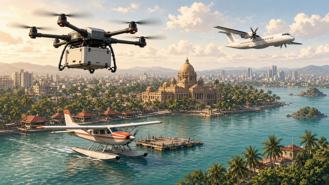 Future Indian aviation with drones, seaplane, and regional aircraft in an Indian setting