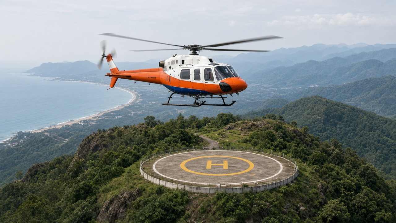 Indian civil helicopter flying over hills near a landing pad