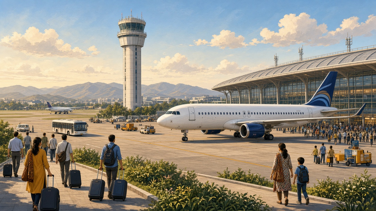 Modern Indian airport with commercial jetliner, terminal, and control tower