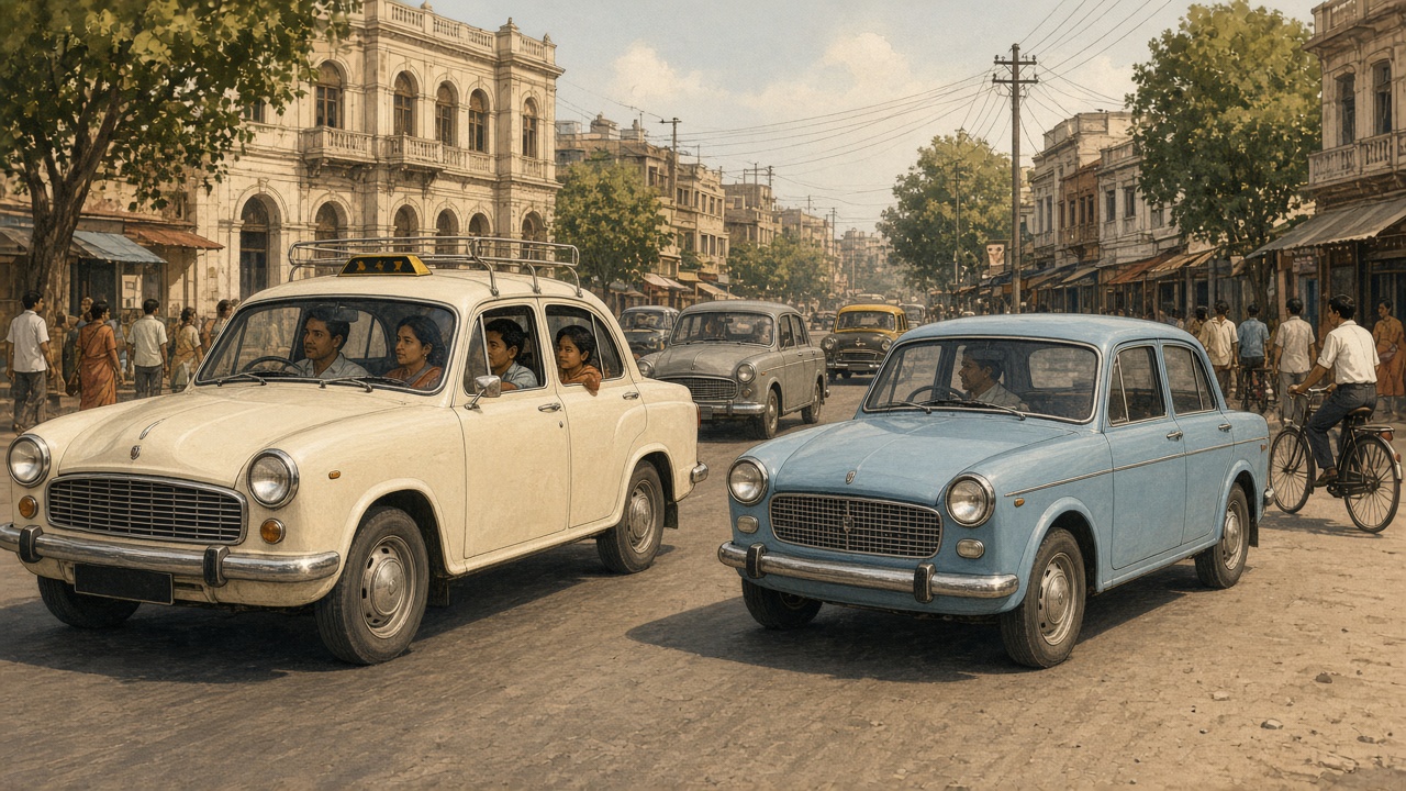 Classic Indian Ambassador and Fiat-style cars on a busy Indian road with taxis and passengers