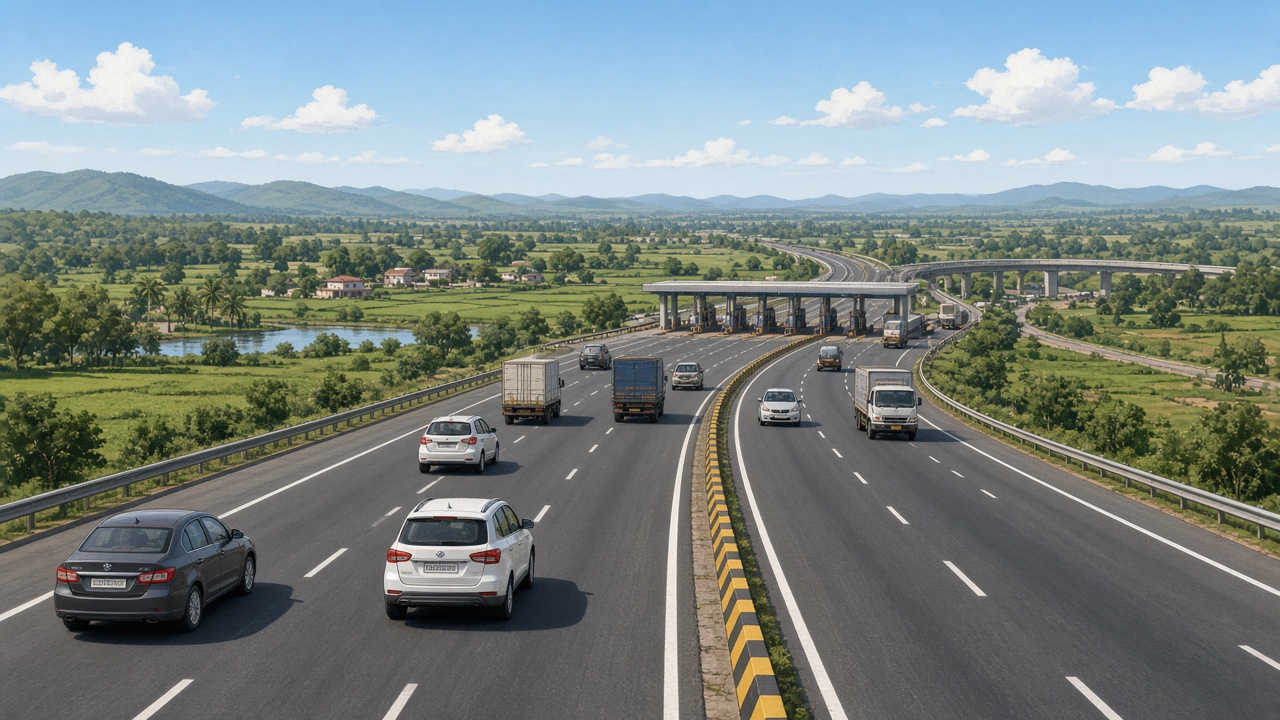 Indian national highway expressway with modern cars and trucks through Indian countryside