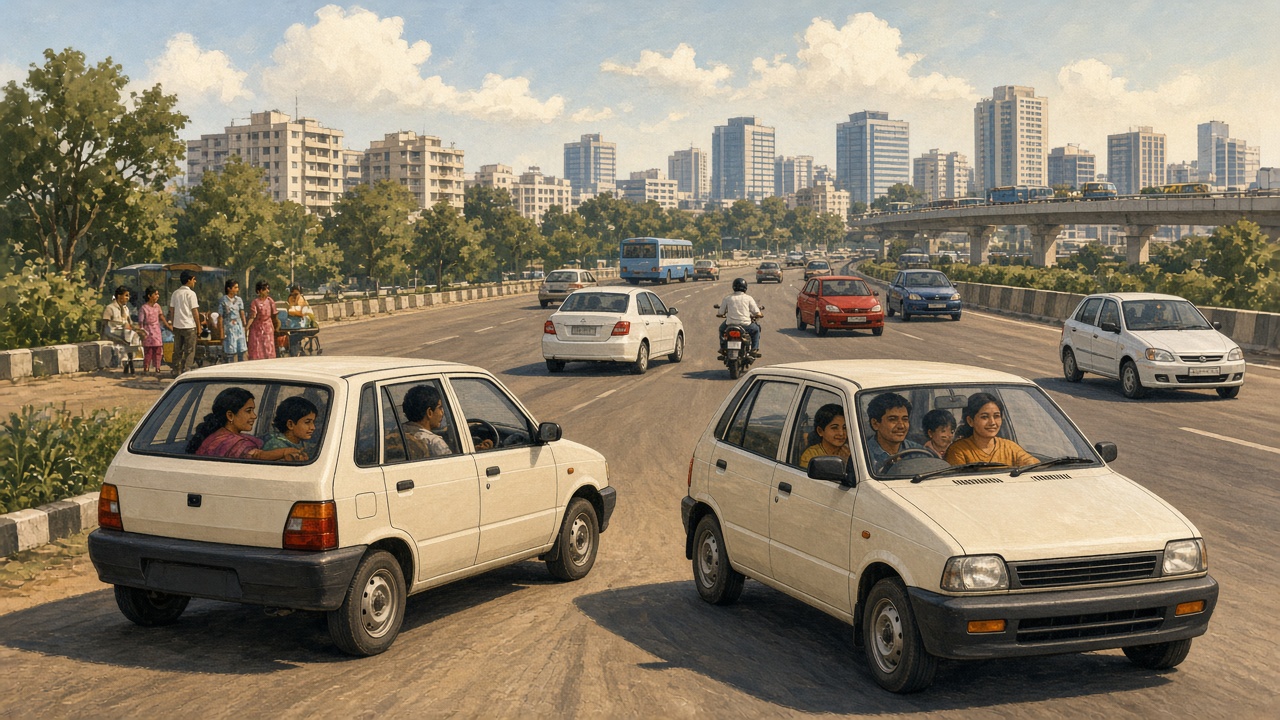 Indian Maruti-era hatchbacks and family cars on Indian roads representing mass automobile mobility