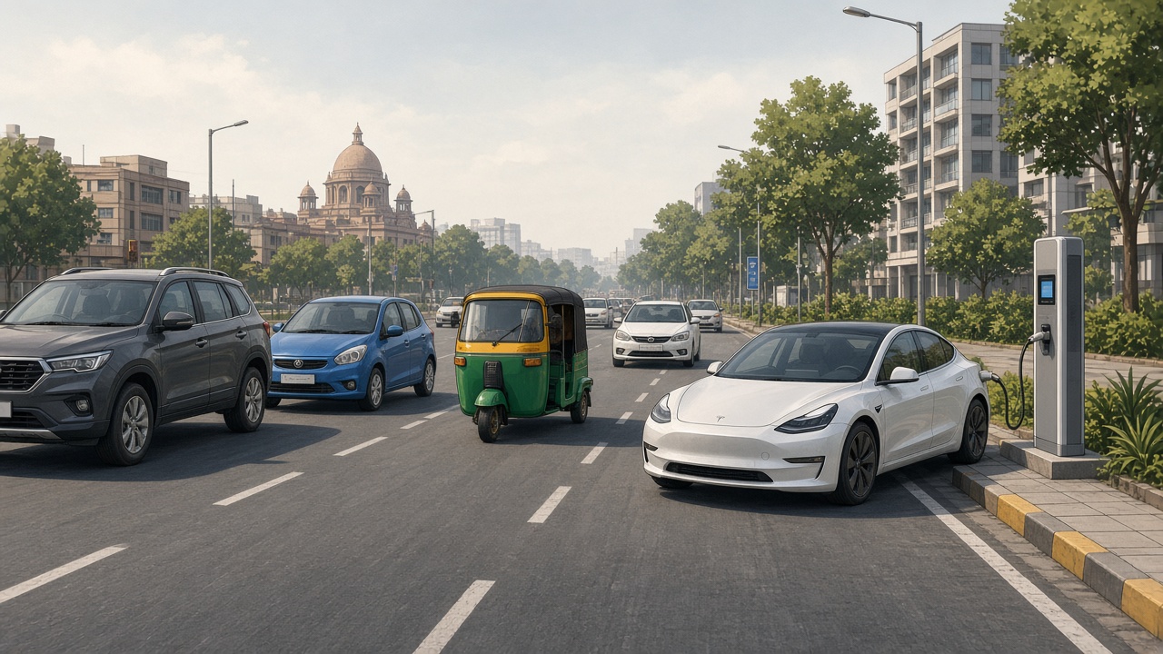 Modern Indian roads with SUVs, hatchbacks, CNG auto-rickshaw and electric car charging in an Indian city
