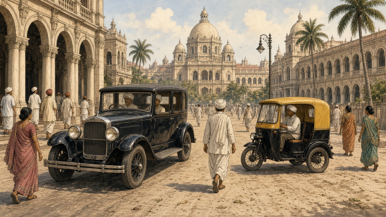Early Indian automobile era with vintage car and motor taxi on an Indian city street