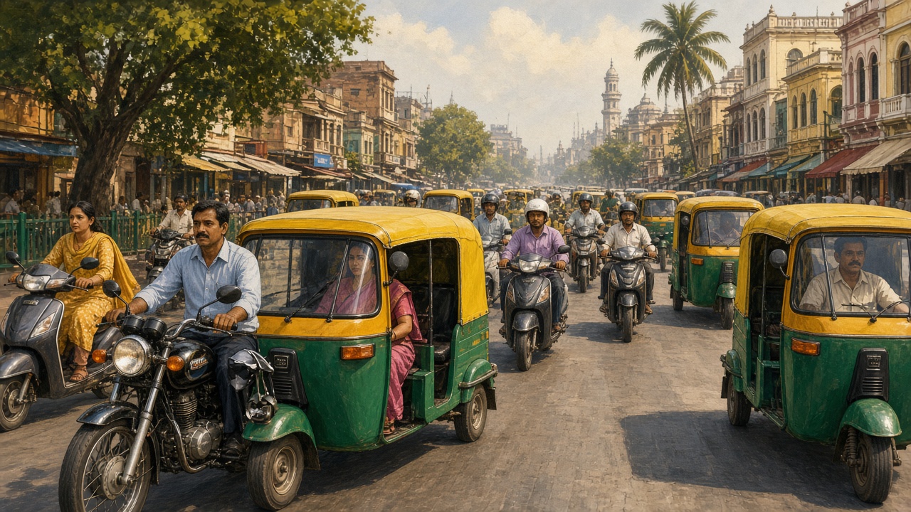 Indian two-wheeler and auto-rickshaw traffic on a busy Indian city street