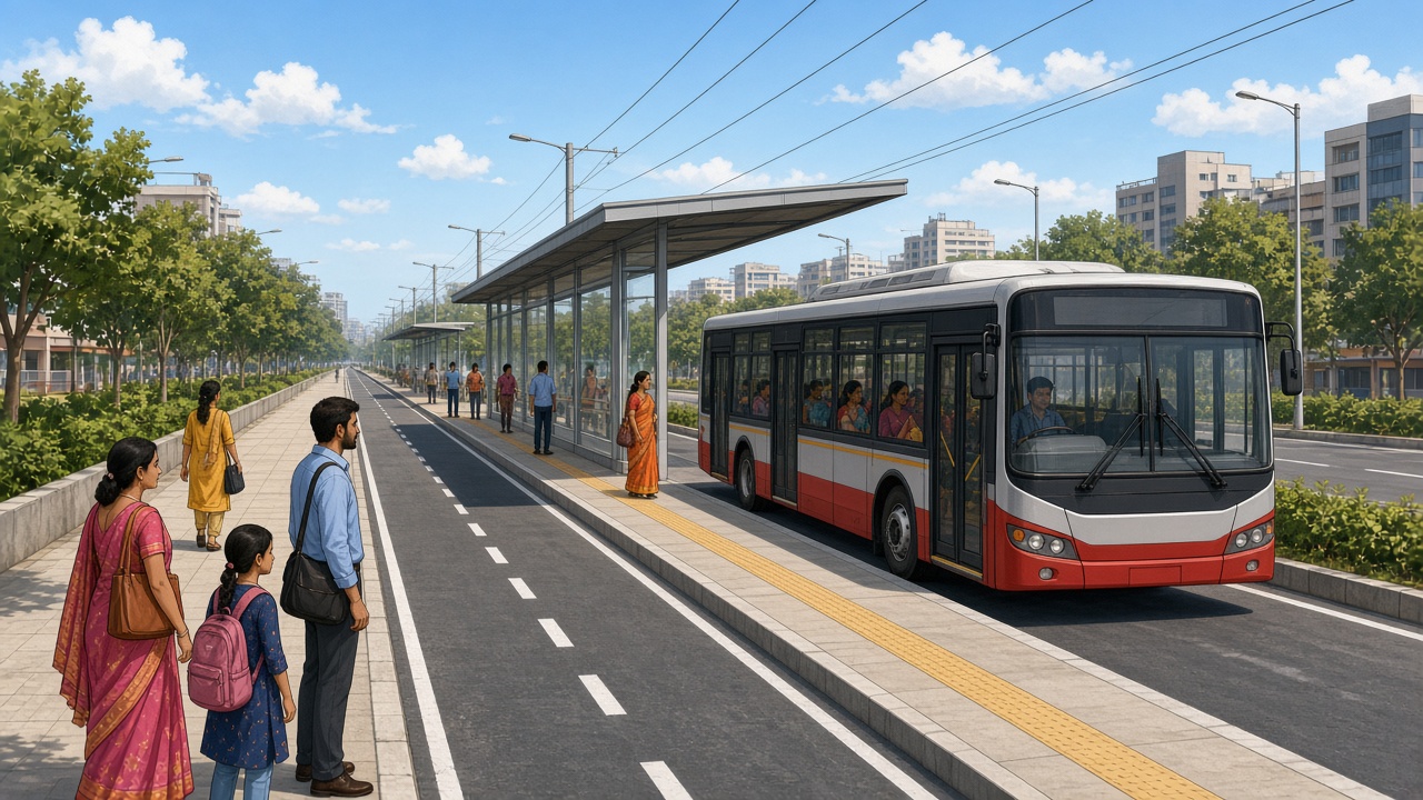 Indian Bus Rapid Transit corridor with dedicated lane, BRT station, and Indian passengers