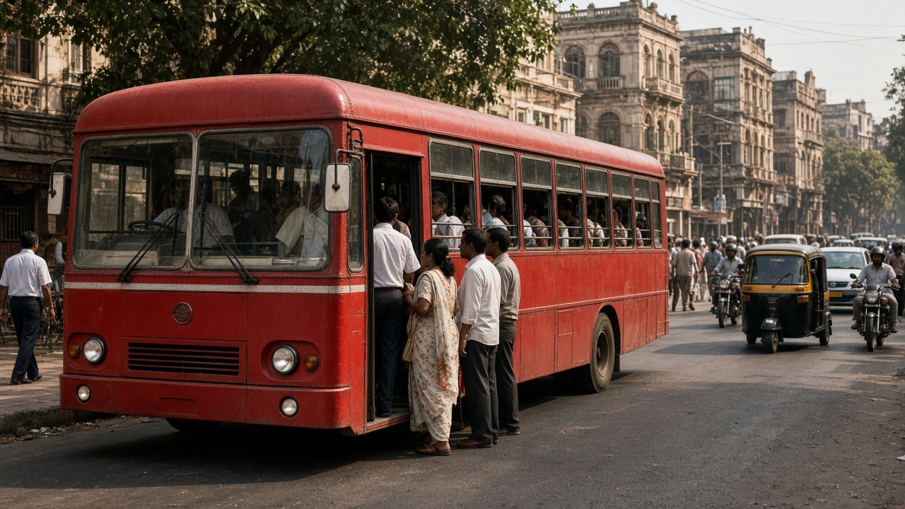Classic red double-decker bus on a busy Indian city street with passengers boarding