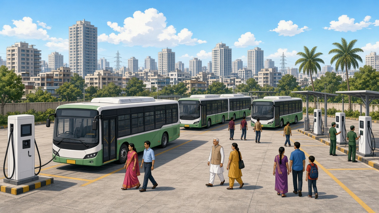 Modern Indian electric city buses at an Indian depot with charging infrastructure