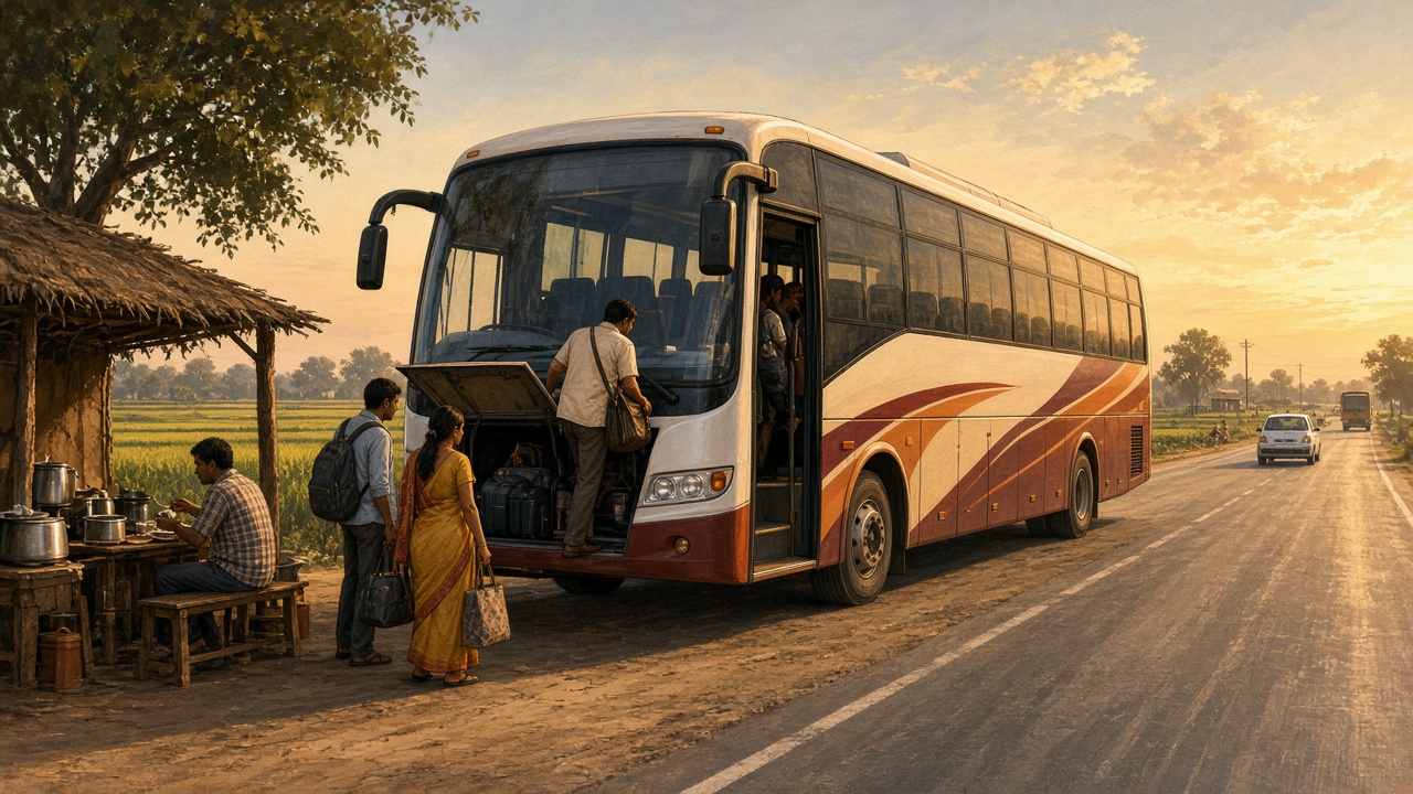 Indian long-distance coach bus on an Indian highway through rural countryside