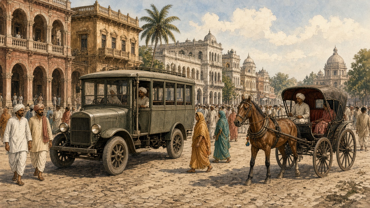 Early Indian motor bus and horse carriage on a historic Indian city street