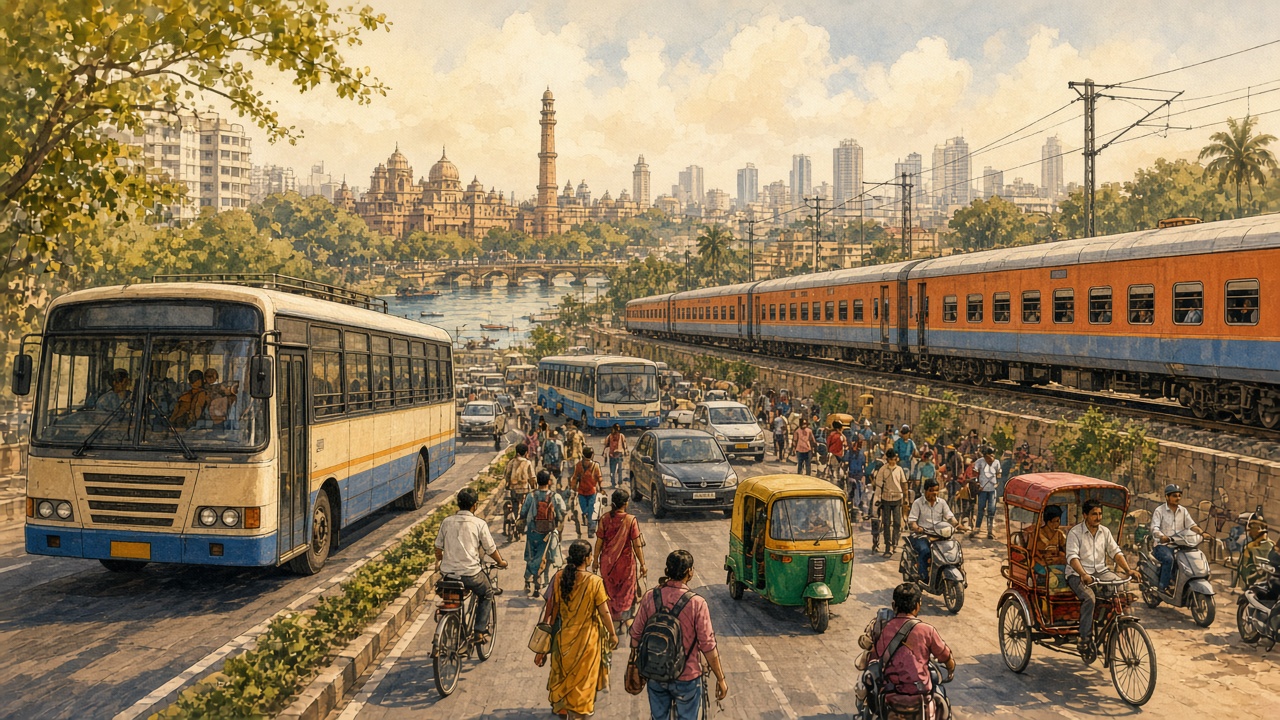 Indian public transport overview with city buses and everyday Indian urban mobility