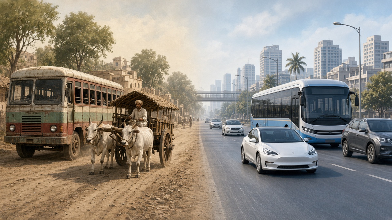 Transport then versus now comparison showing older and modern mobility including bus-era change